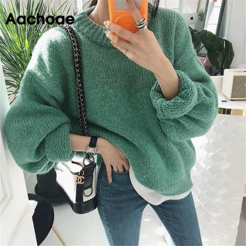Aachoae Sweater Women 2020 Autumn Winter Solid O Neck Pullover Sweaters Korean Style Knitted Long Sleeve Jumpers Casual Tops